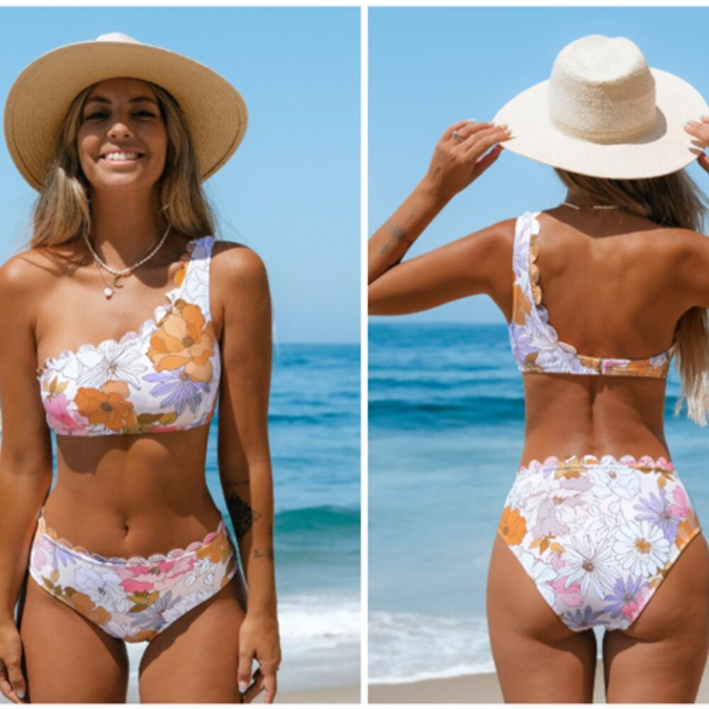 Cupshe Hazy Tenderness Floral One Shoulder Top & Hipster Bikini Bottom
